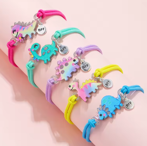 5Pcs/set Cute Cartoon Dinosaur Acrylic Charm Stretch Rope Bracelet for Girls Hairband Use Party Birthday Gift
